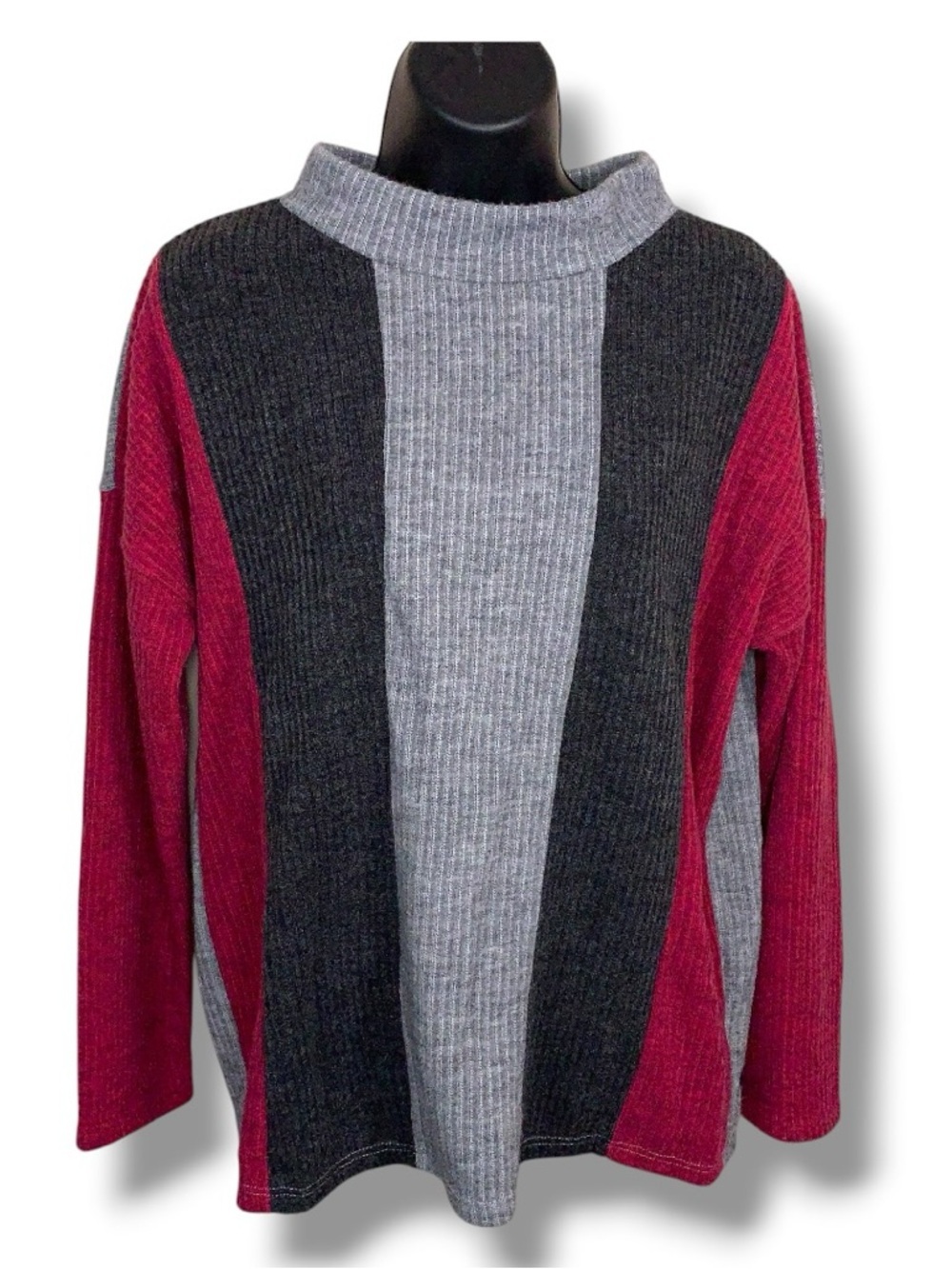Small 143 Story Grey Red Striped Long Sleeve Mock Neck Knit Top Stretch